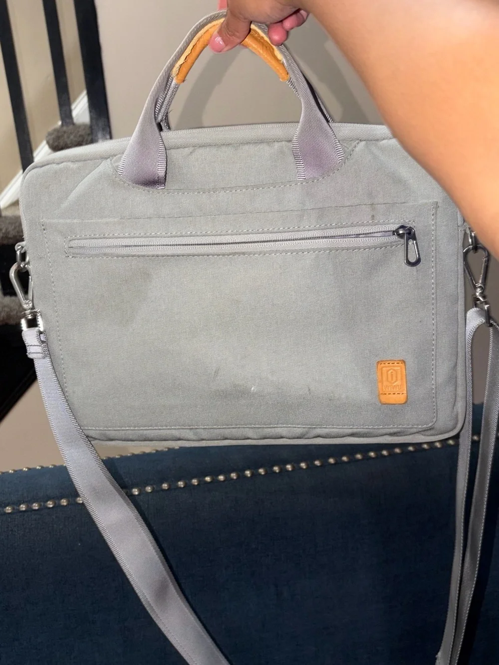 Light Gray Canvas Laptop Briefcase with Yellow Handle Accent